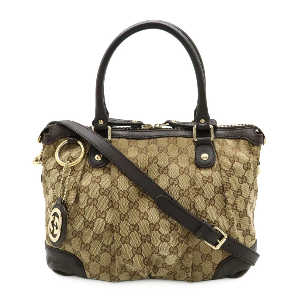 Gucci GG Canvas Sukey Handbag Tote Bag Leather Beige Brown Cream